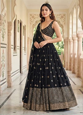 Black Georgette Zari Sequins Embroidered A Line Lehenga