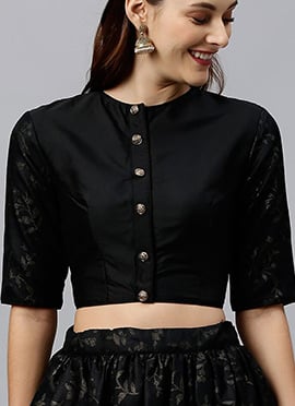 Black Foil Printed Jewel Neck Blouse