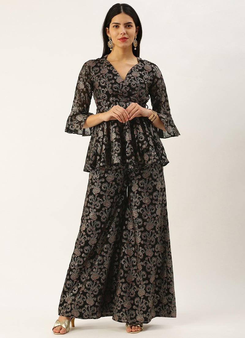 Black Foli Print Georgette Co Ords Set Festive Wear