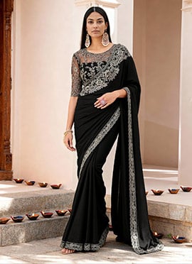 Black Georgette Chiffon Saree Featuring Exquisite Zari Embroidery Sequins