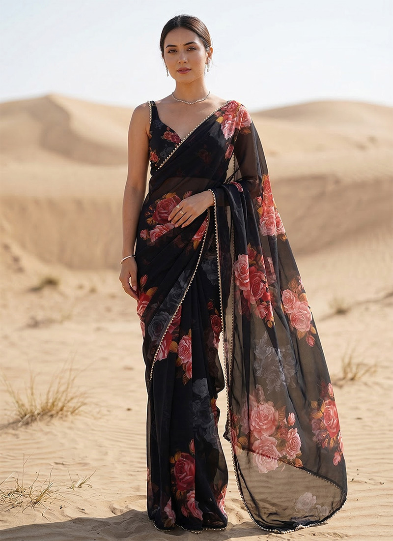 Black Georgette Digital Print Saree After Six Wear
