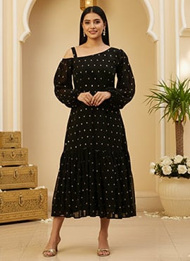 Teen Girls Black Georgette Embroidered Dress