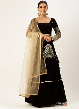 Black Georgette Embroidered Gathered Lehenga