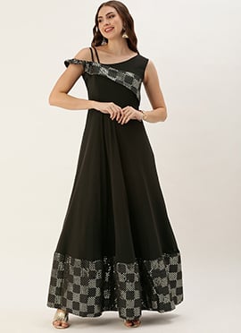 Teen Girls Black Georgette Embroidered Gown