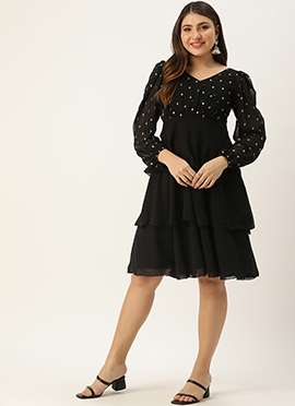 Teen Girls Black Georgette Embroidered Layered Dre