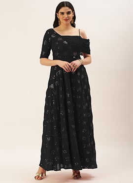 Black Georgette Embroidered One Shoulder Style Gown