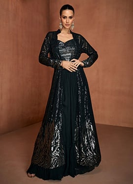 Black Georgette Embroidered Sequins Indowestern Jacket Palazzo Set