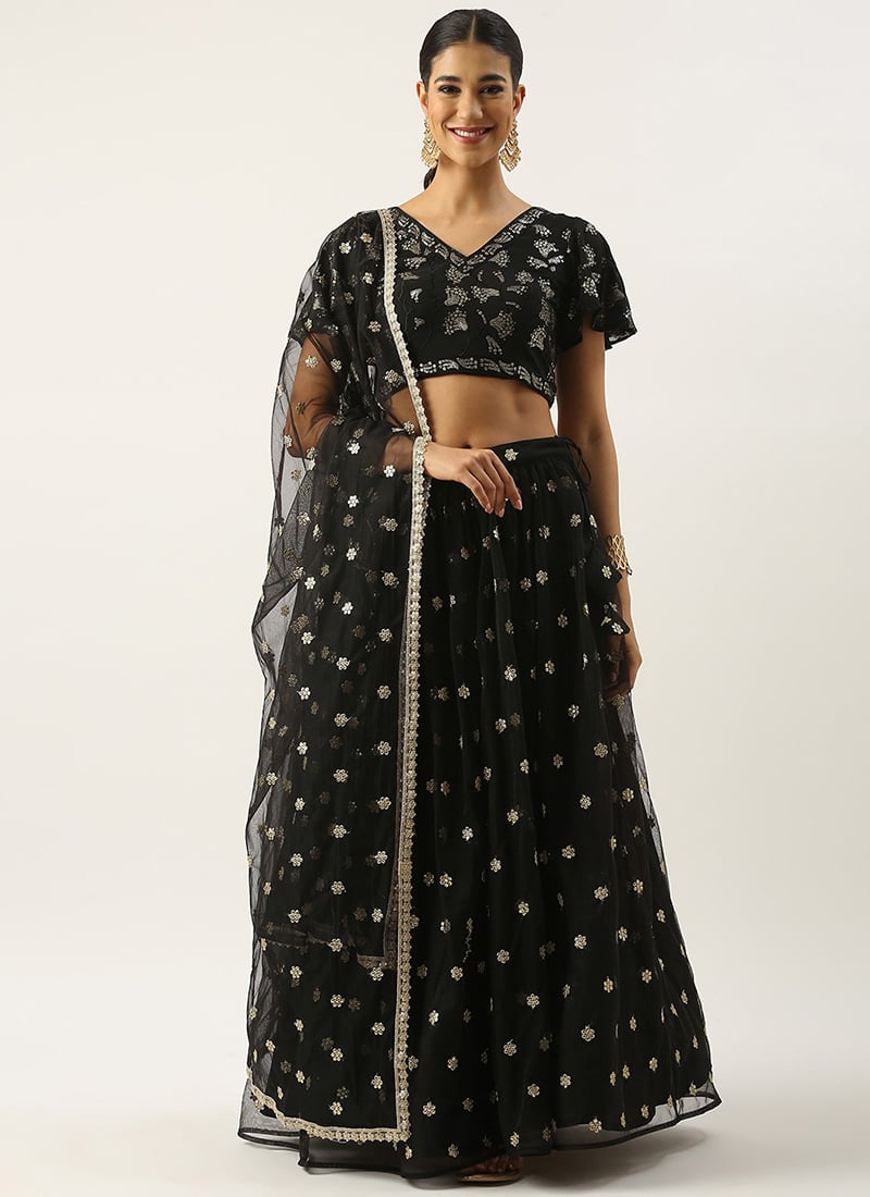 Black Georgette Embroidered Sequins Lehenga Set