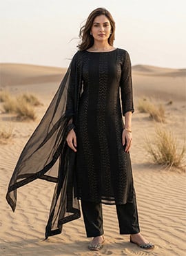 Black Georgette Embroidered Sequins Straight Pant Suit