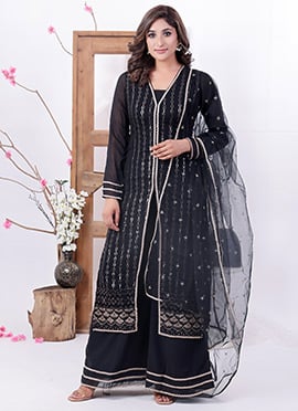 Black Georgette Embroidered Straight Suit N Palazzo