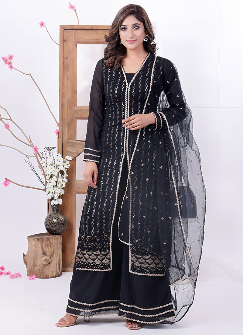 Black Georgette Embroidered Straight Suit N Palazzo