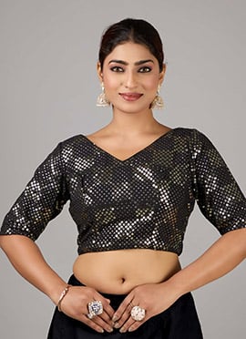 Black Georgette Embroidered V Neck Blouse