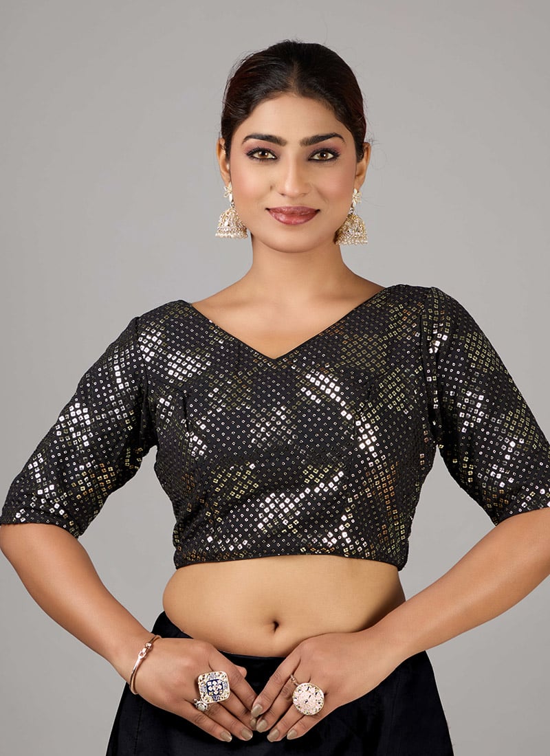 Black Georgette Embroidered V Neck Blouse Wedding Wear