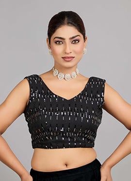 Black Georgette Embroidered V Neck Blouse