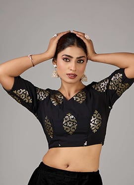 Black Georgette Embroidered V Neck Blouse