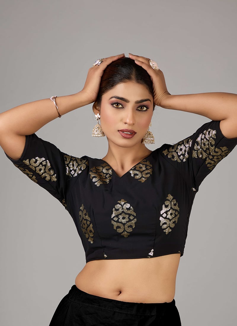 Black Georgette Embroidered V Neck Blouse Wedding Wear