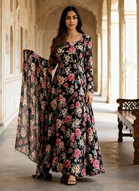 Black Georgette Floral Printed Anarkali Suit