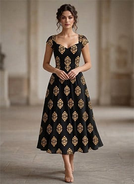 Black Georgette Printed Midi Dress