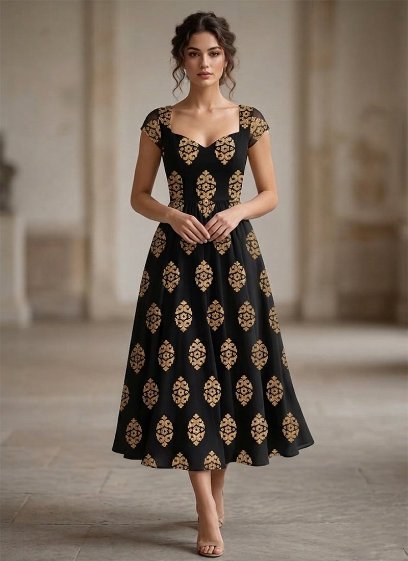 Black Georgette Printed Midi Dress After Six Wear