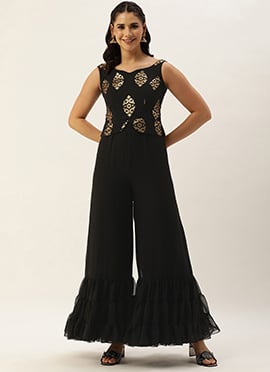 Teen Girls Black Georgette Sequins Jumpsuit