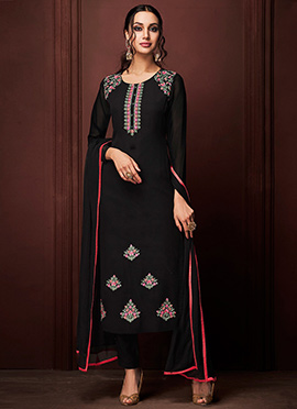 Designer Traditional Wear Black Rangoli Salwar Suit Green Black Rangoli Pant Straight