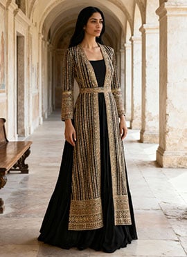Black Georgette Zari Embroidered Sequins And Stone Hand Work Gown With Jacket