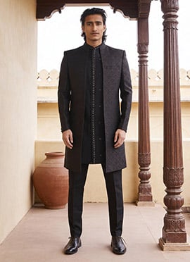 Black Jacquard Silk Zari Work Indowestern Sherwani