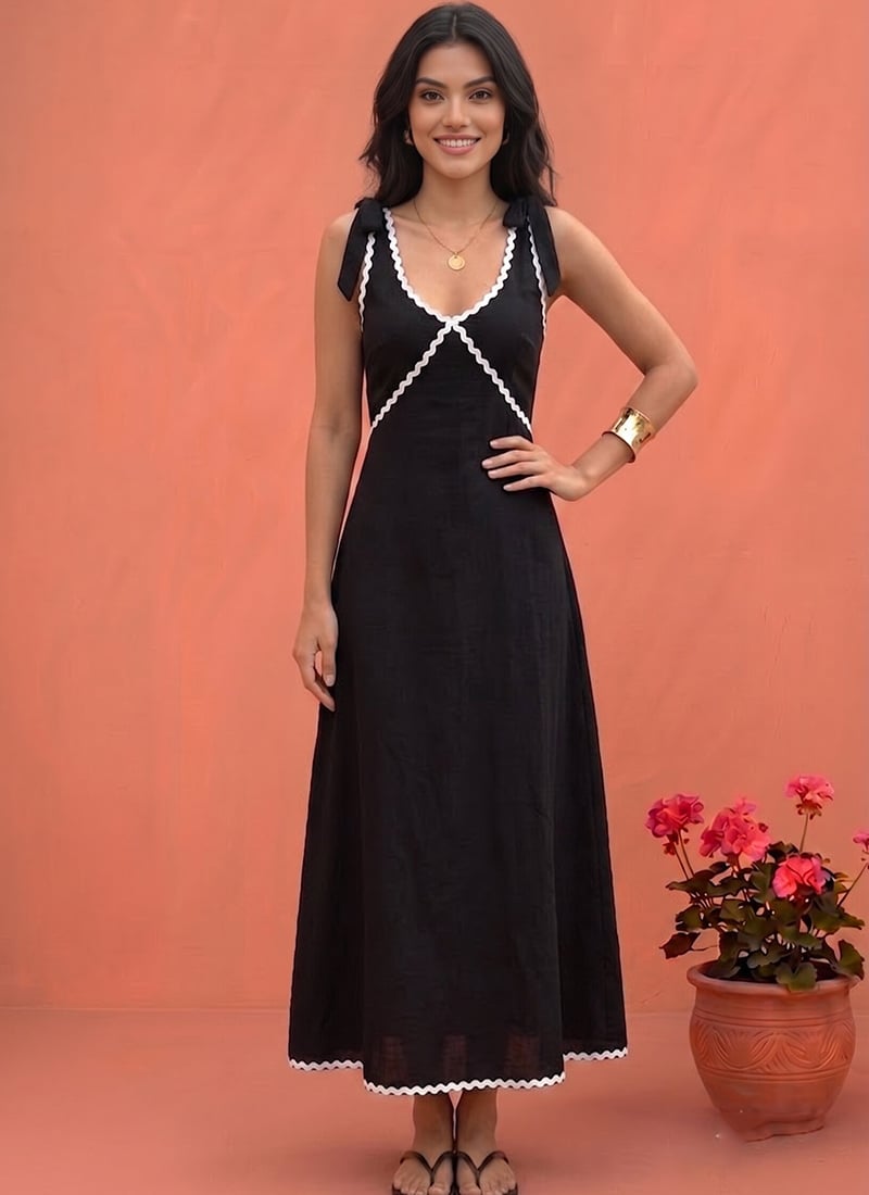 Black Lace Trim Cotton Tie Shoulder Maxi Dress After Six Wear