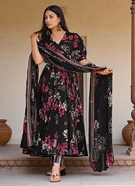 Black Muslin Digital Print Flared Anarkali Suit