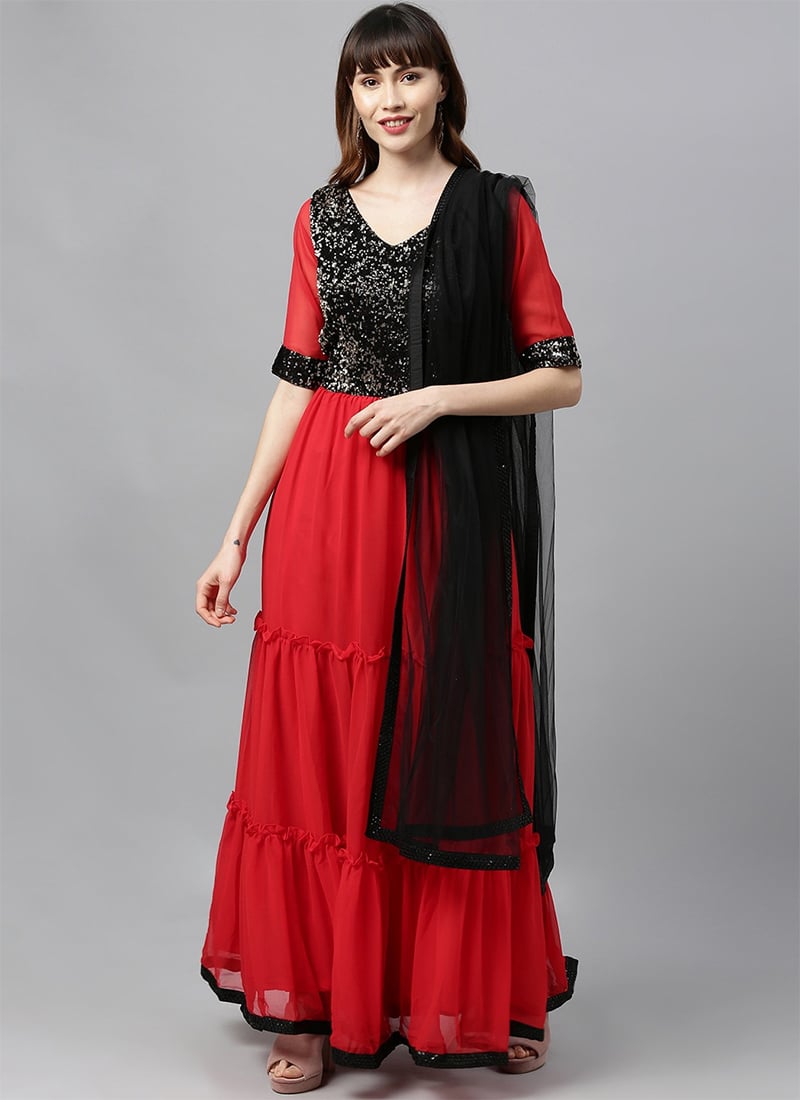 Black N Red Embroidered Three Tiered Anarkali Set