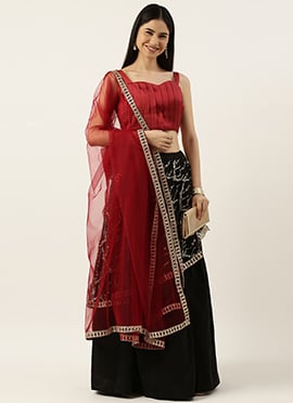 Black N Red Pleated Lehenga Set