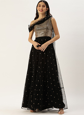 Black Net Embroidered One Shoulder Gown