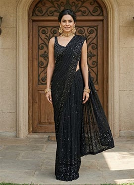 Black Net Embroidered Saree