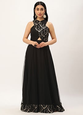 Black Net Embroidery Halter Neck Gown