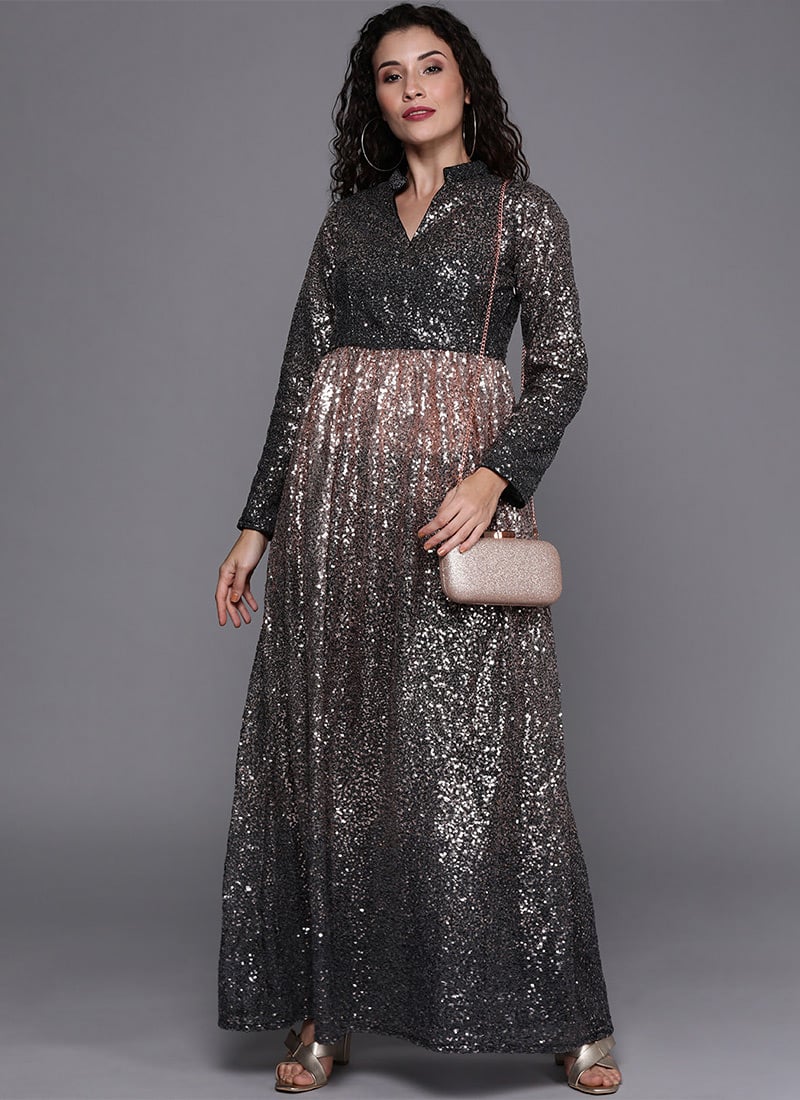 Black Net Sequin Narrow Straight Pant Set Party Wear