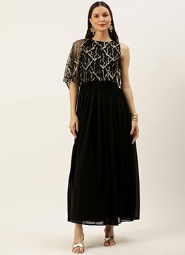 Teen Girls Black Net Sequins Gown