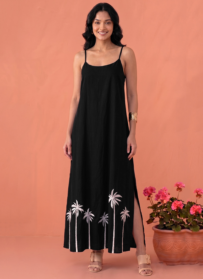 Black Printed Cotton Palm Tree Maxi Dress After Six Wear