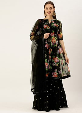 Black Printed Organza Lehenga