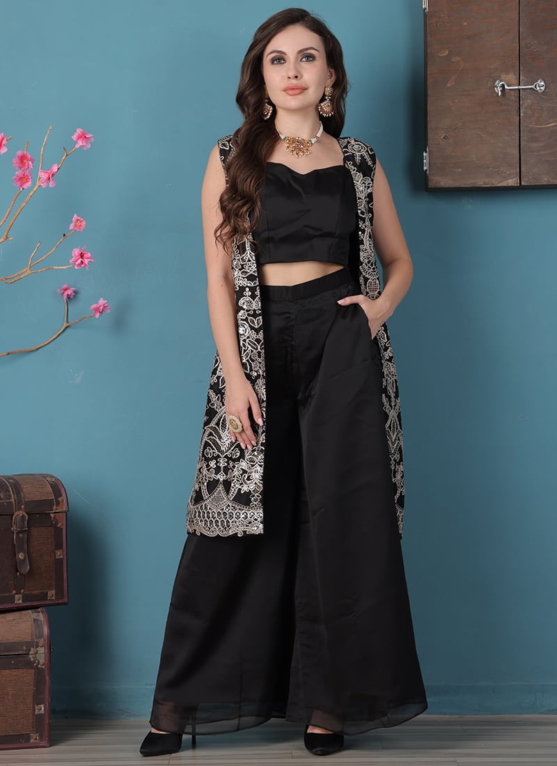 Black Rangoli Embroidered Co Ords Set With Jacket Party Wear