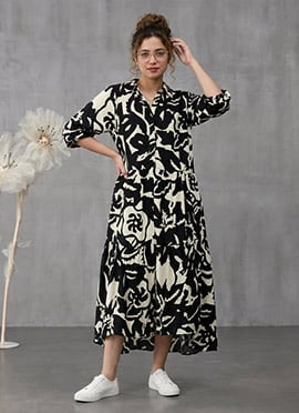 Black Rayon Printed Midi Dress