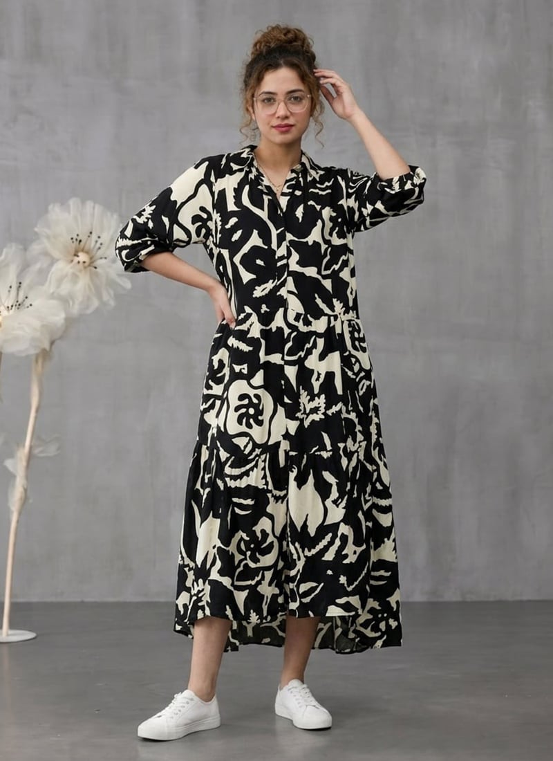 Black Rayon Printed Midi Dress After Six Wear