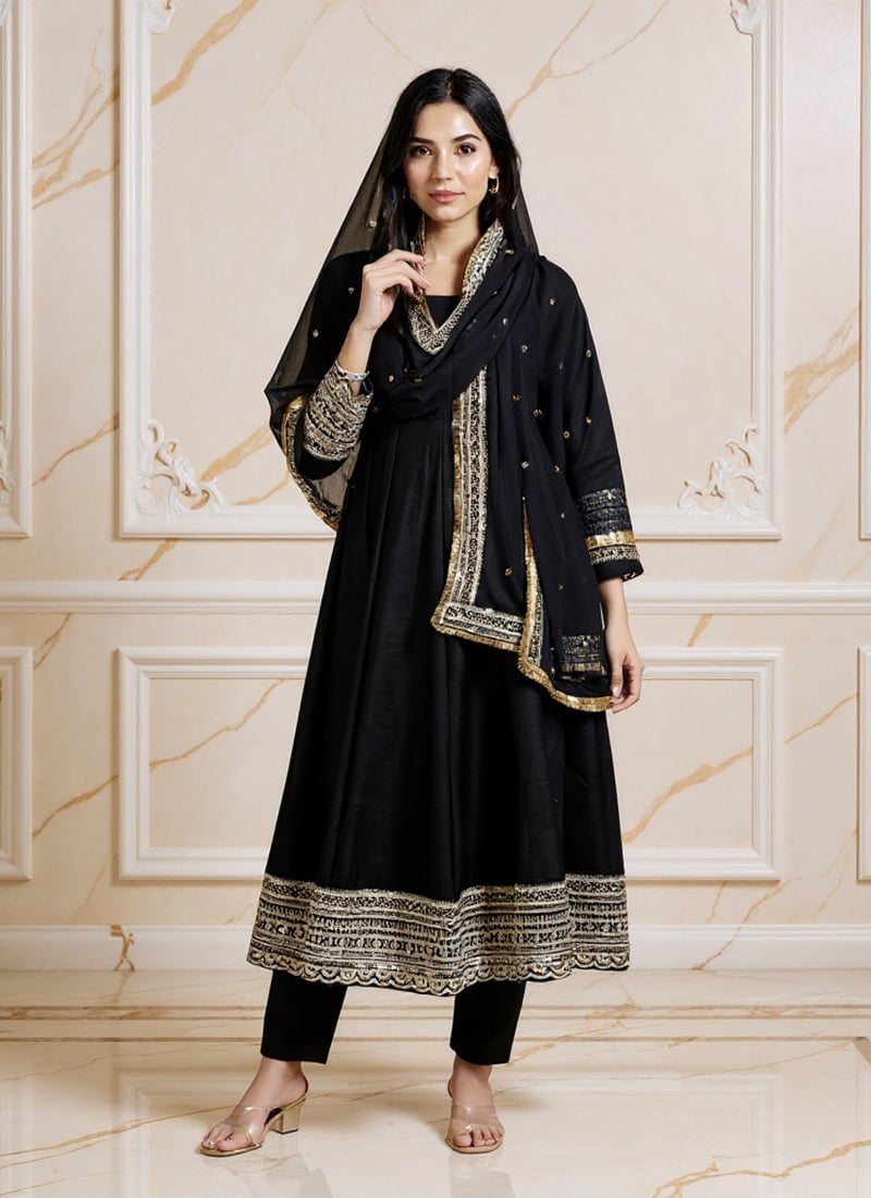 Black Ryon Cotton Zari Embroidered Sequins Anarkali Suit