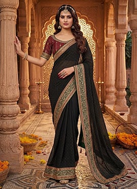 Black Satin Embroidered Stones And Zari Saree