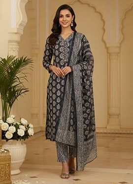 Black Semi Cotton Printed Straight Pant Suit