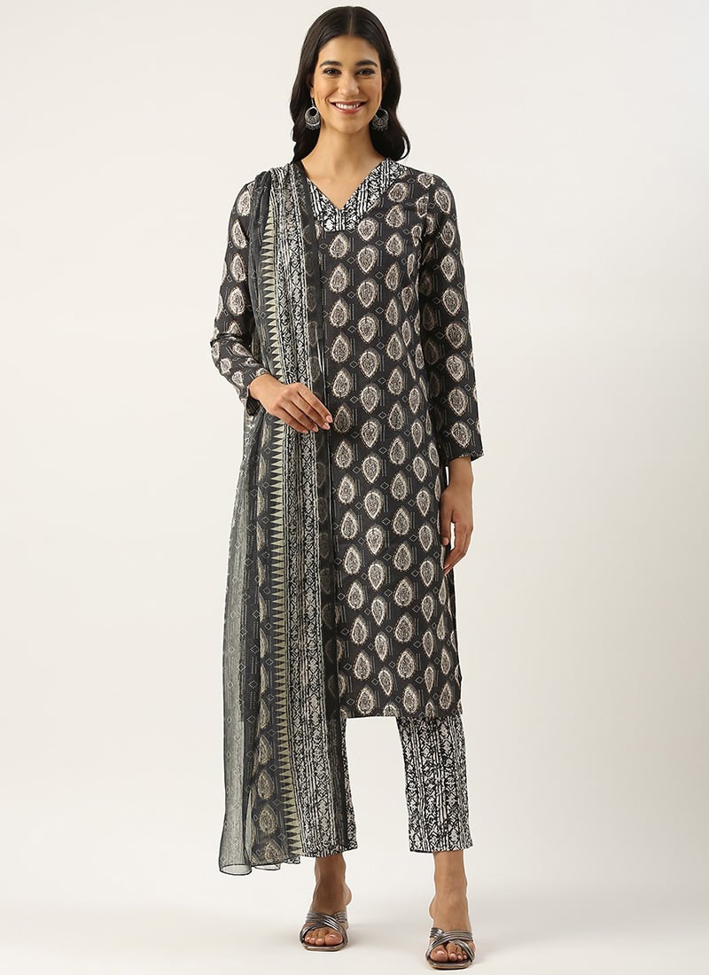 Teen Girls Black Semi Cotton Printed Straight Pant Suit Festive Wear