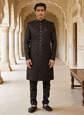 Black Silk Embroidered Sequins Indowestern Sherwani