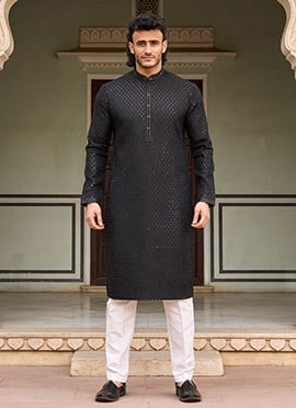 Black Silk Embroidered Sequins Kurta Pyjama For Men