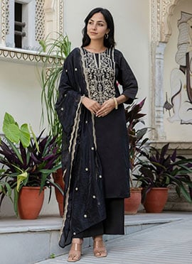 Black Silk Embroidered Straight Pant Suit