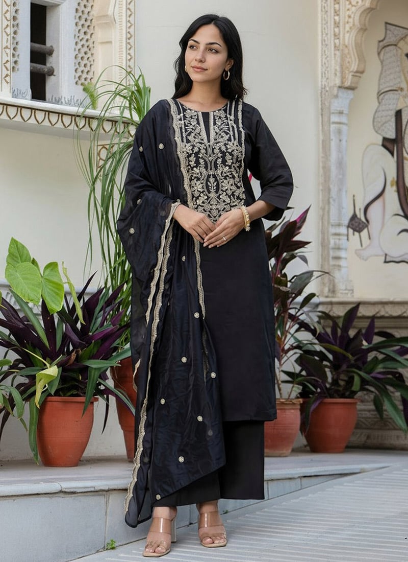 Black Silk Embroidered Straight Pant Suit