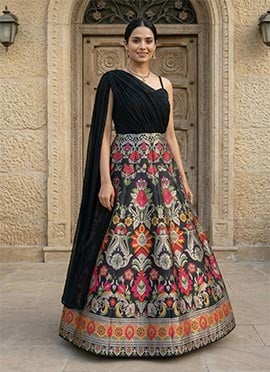 Black Silk Jacquard Indowestern Skirt Set